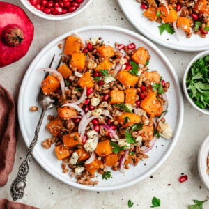 The farro salad on two plates topped with herbs and pomegranate.