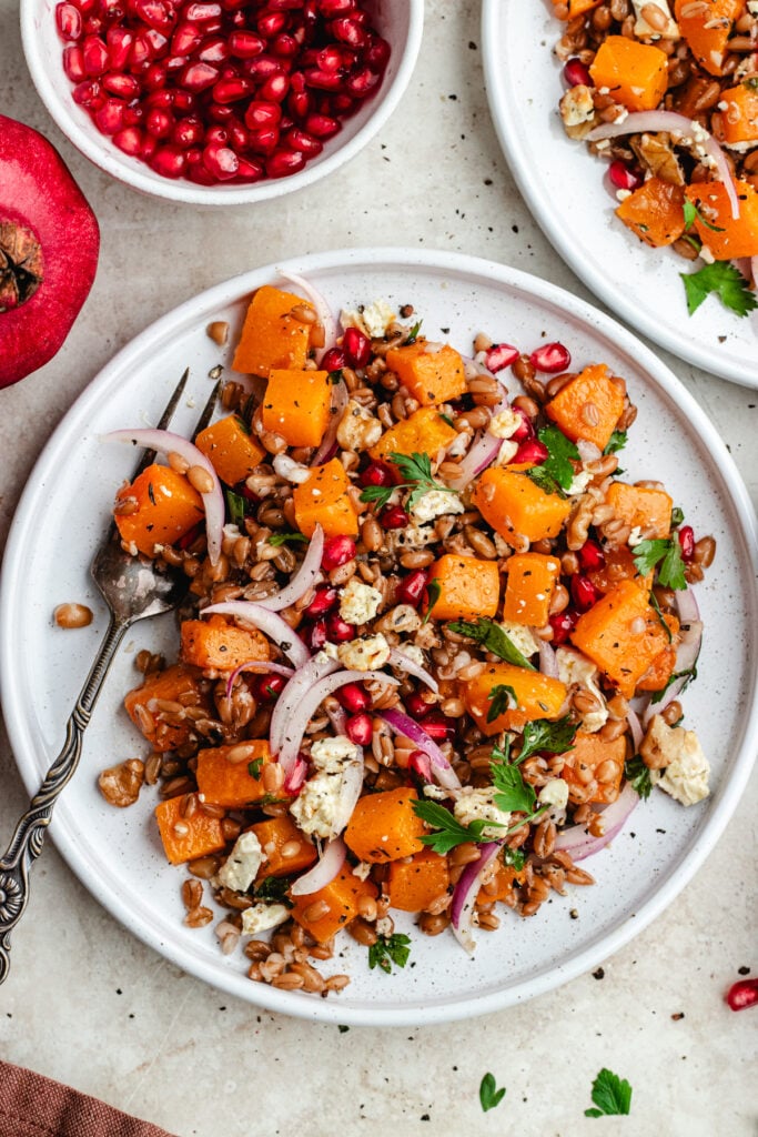 The farro salad on two plates topped with herbs and pomegranate.