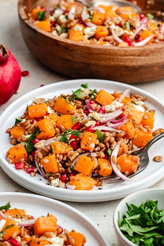 The farro salad on two plates and in a salad bowl.