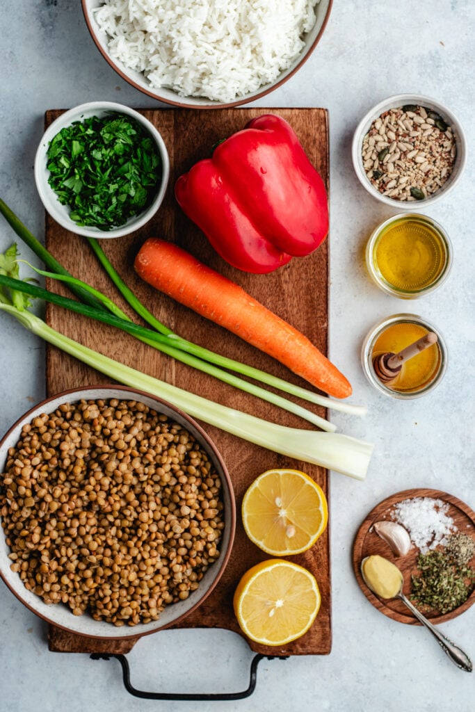 The ingredients on a cutting board and in small bowls.