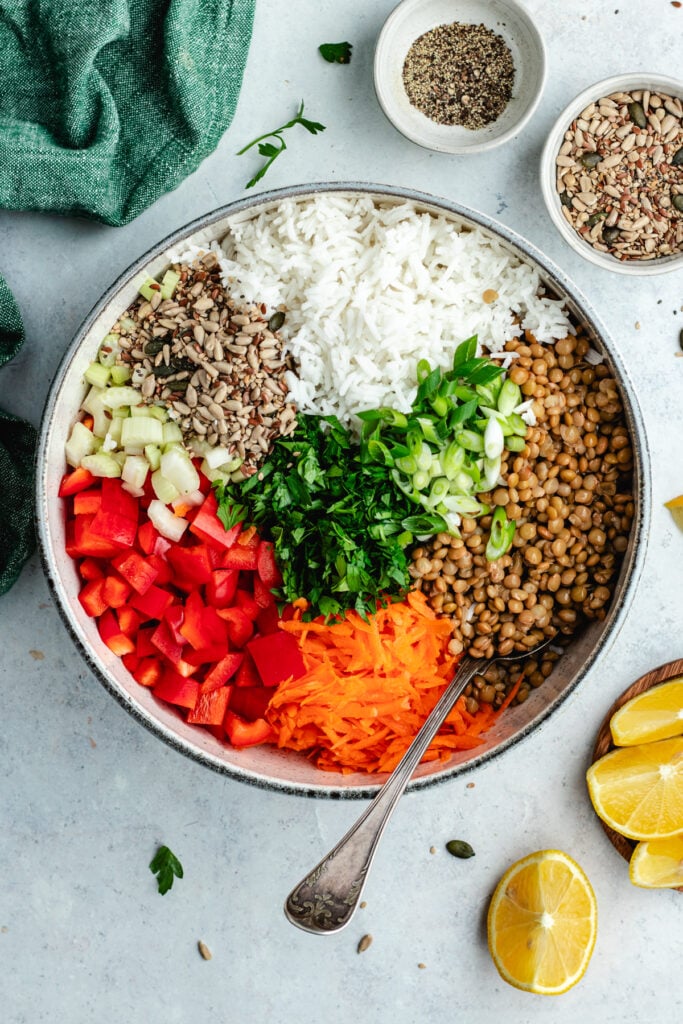 All the ingredients in the salad bowl.